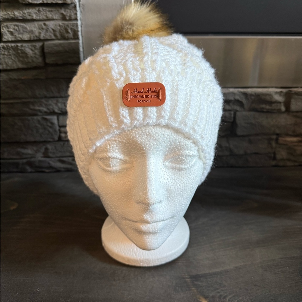Hand Crafted White Knit Hat with Brown Pom